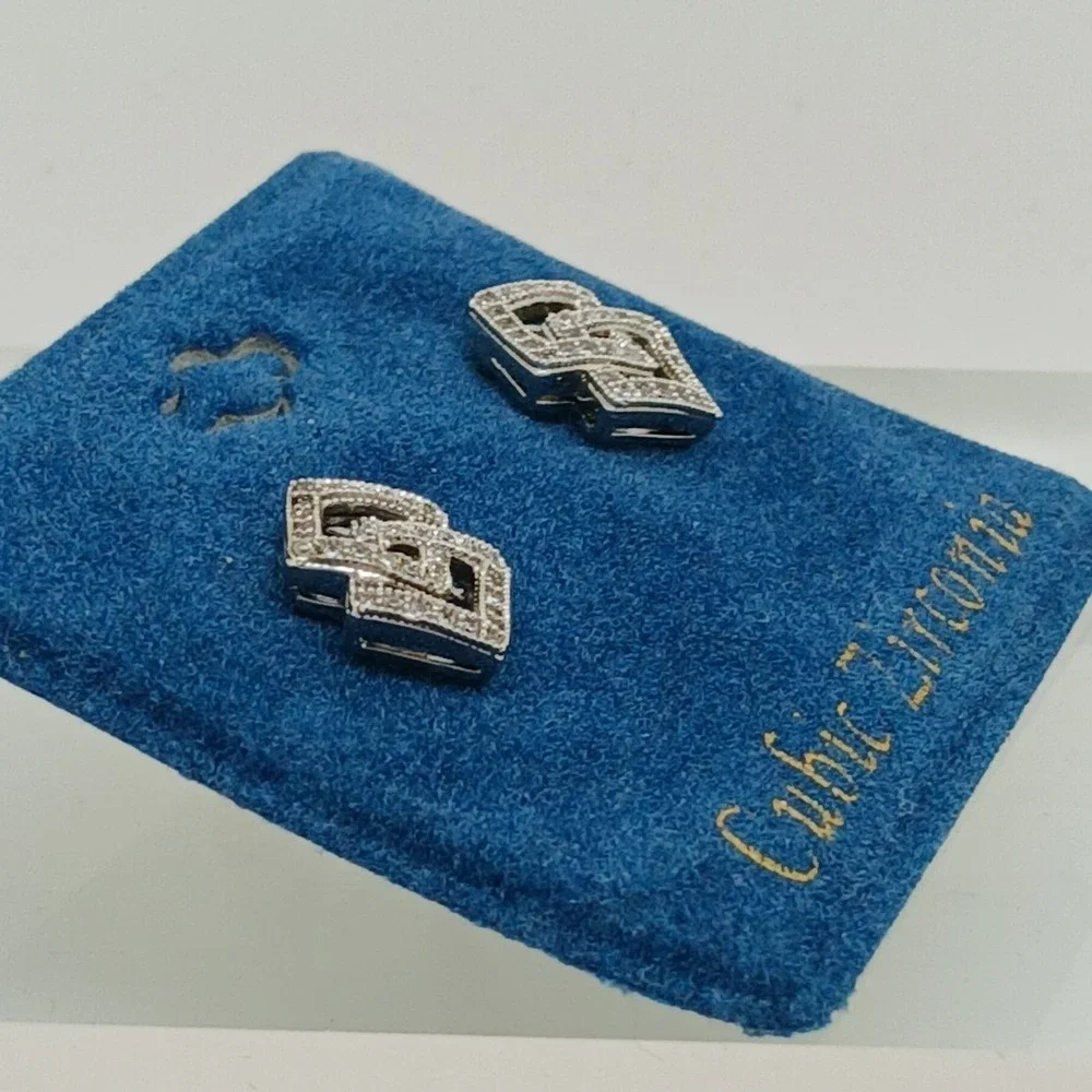 Vintage 1990s‎ Cubic Zirconia Interlocking Square Stud Earrings Silver Tone Rare